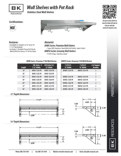 BK Resources 16" x 84" Stainless Steel T-430 18 Gauge Wall Shelf with Pot Rack - Donut-Equipment.com
