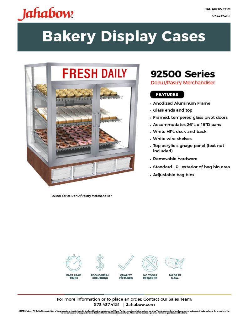 Jahabow 92500 Series 31"L x 24"D x 36"H Countertop Donut/Pastry Display Case – Aluminum, Tempered Glass, w/ 3 Shelves, Non-Refrigerated - Donut-Supplies.Com