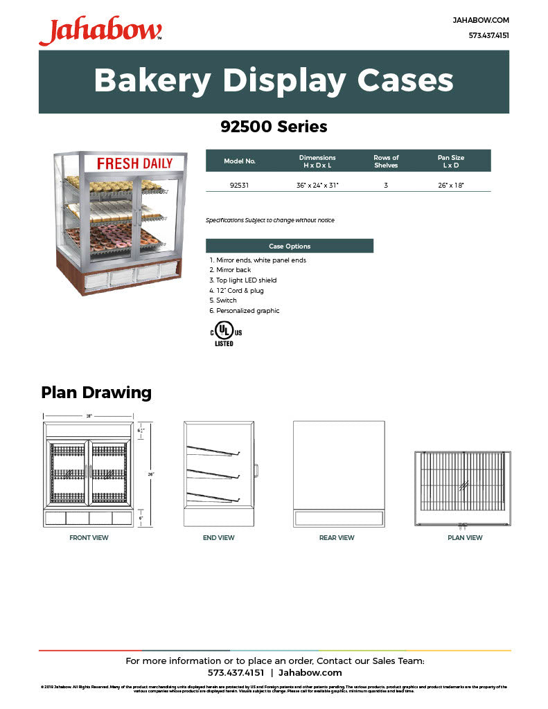 Jahabow 92500 Series 31"L x 24"D x 36"H Countertop Donut/Pastry Display Case – Aluminum, Tempered Glass, w/ 3 Shelves, Non-Refrigerated - Donut-Supplies.Com