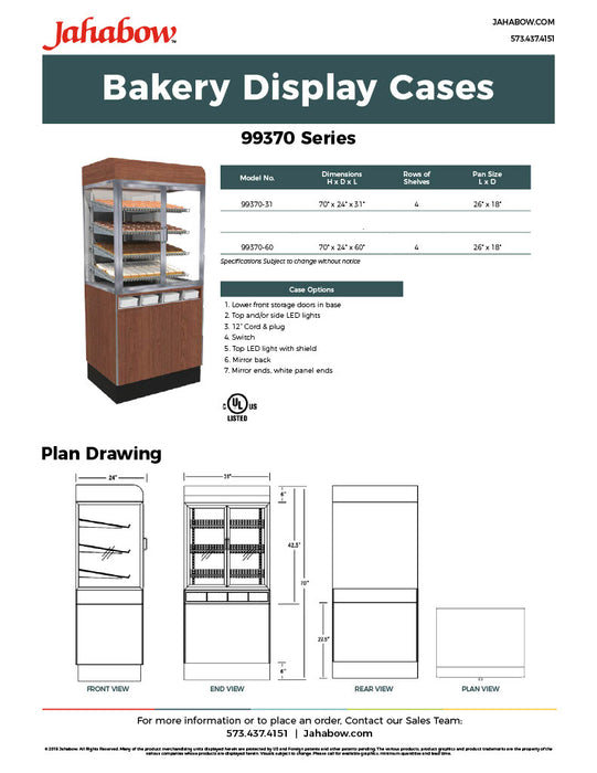 Jahabow 99370 Series 60"L x 24"D x 70"H Bakery Display Case with Pedestal Base – Aluminum, Tempered Glass, w/ 4 Shelves, Non-Refrigerated - Donut-Supplies.Com
