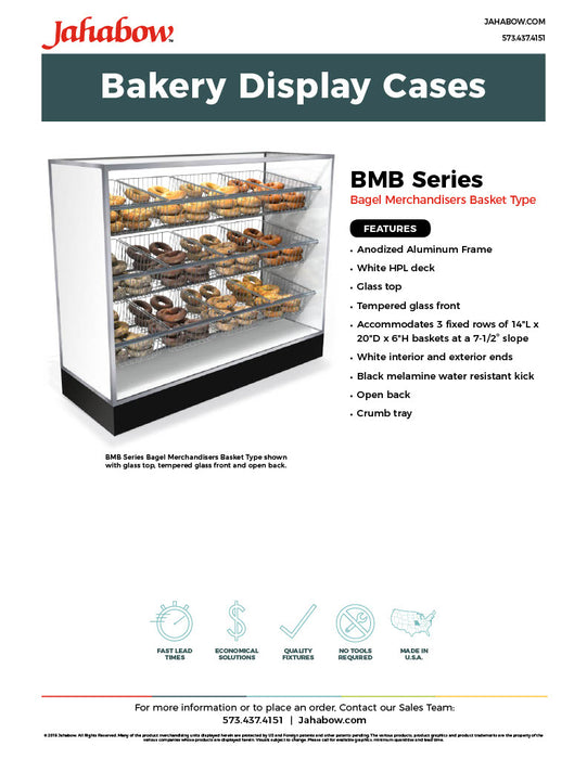 Jahabow BMB Series 75.375"L x 22"D x 50"H Bagel Merchandiser Display Case – Aluminum, Tempered Glass, w/ 3 Fixed Rows, Non-Refrigerated - Donut-Supplies.Com