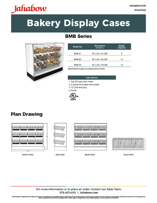 Jahabow BMB Series 60.375"L x 22"D x 50"H Bagel Merchandiser Display Case – Aluminum, Tempered Glass, w/ 3 Fixed Rows, Non-Refrigerated - Donut-Supplies.Com