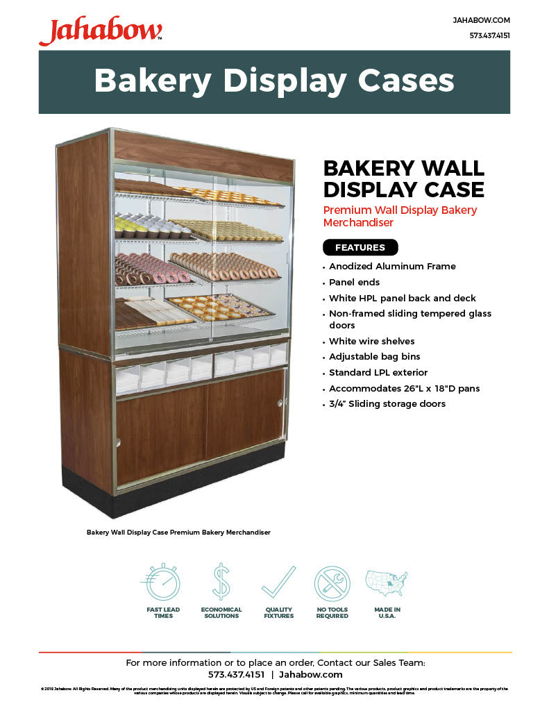 Jahabow Bakery Wall Display Case 58.5"L x 24"D x 83.5"H – Aluminum, Tempered Glass, w/ 4 Shelves, Non-Refrigerated - Donut-Supplies.Com