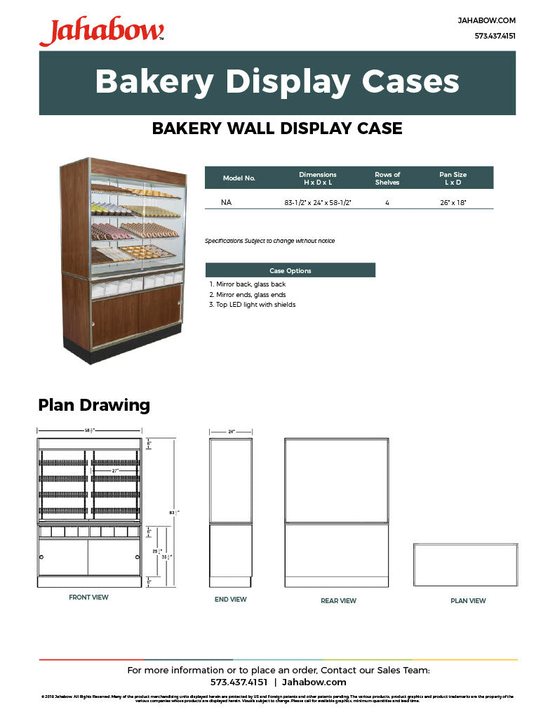 Jahabow Bakery Wall Display Case 58.5"L x 24"D x 83.5"H – Aluminum, Tempered Glass, w/ 4 Shelves, Non-Refrigerated - Donut-Supplies.Com