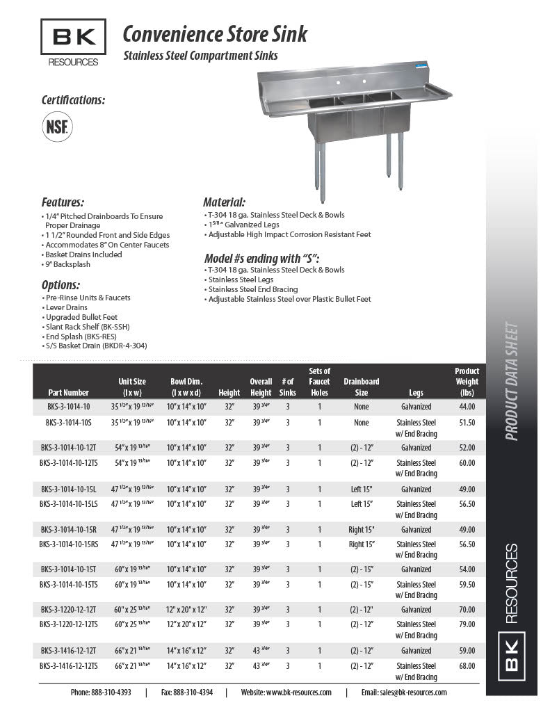 BK Resources Stainless Steel 3 Compartment Food Truck / Convenience Store Sink – Dual 12" Drainboards • (3) 14" x 10" x 10" Bowls • Commercial Grade - Donut-Equipment.com
