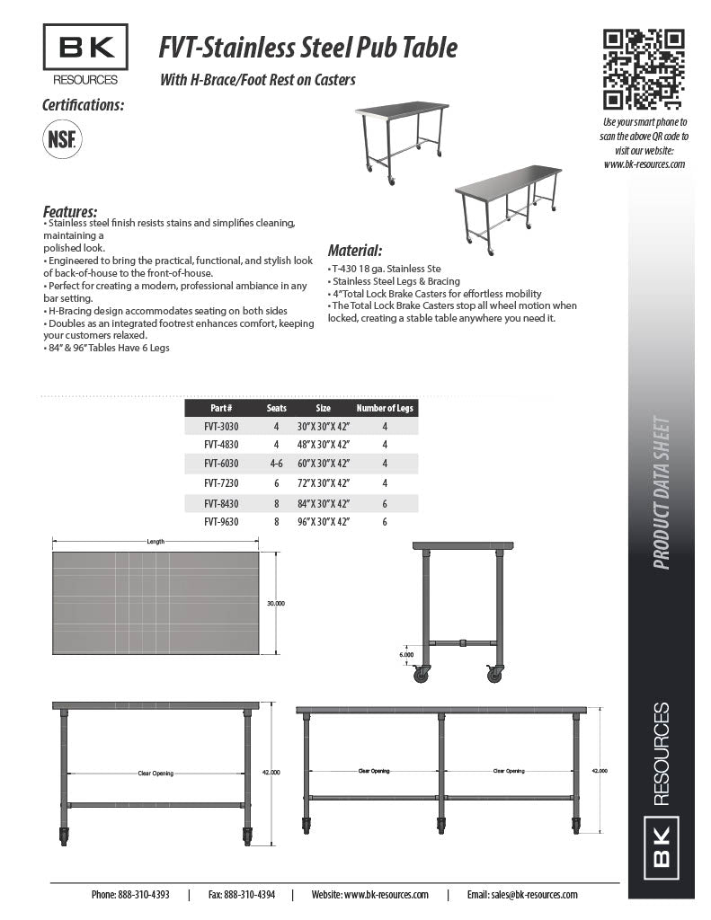 BK Resources 48" x 30" 16 Gauge Stainless Steel Pub Table with H-Brace & Foot Rest – Heavy-Duty • Mobile on Casters - Donut-Equipment.com