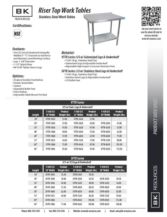 BK Resources 48" x 24" 18 Gauge Stainless Steel Work Table with Undershelf & 1.5" Riser – Prep Table - Donut-Equipment.com