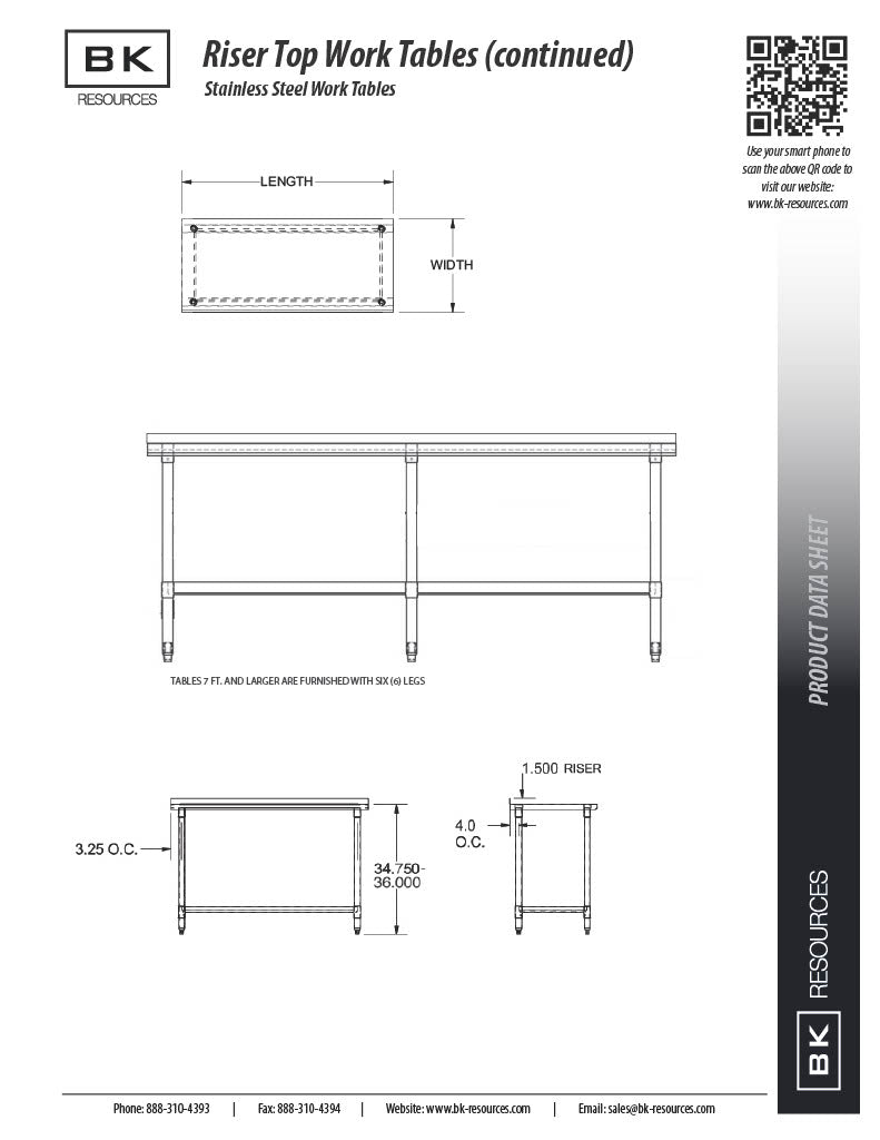 BK Resources 48" x 24" 18 Gauge Stainless Steel Work Table with Undershelf & 1.5" Riser – Prep Table - Donut-Equipment.com