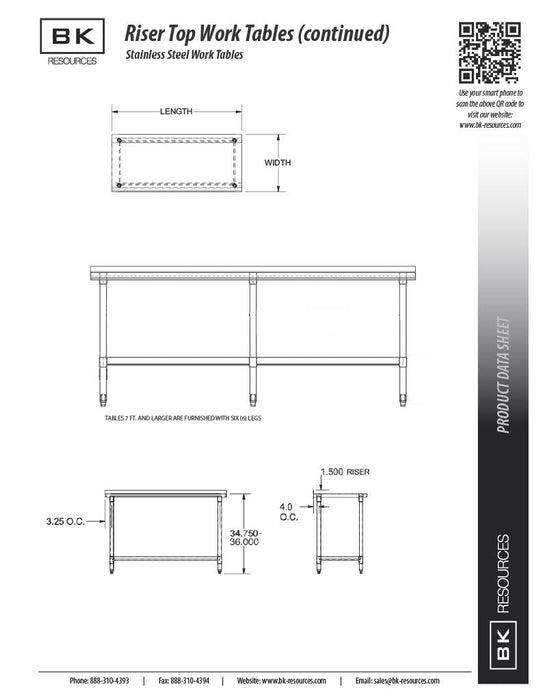 BK Resources 60" x 24" 18 Gauge Stainless Steel Work Table with Undershelf & 1.5" Riser – Prep Table - Donut-Equipment.com