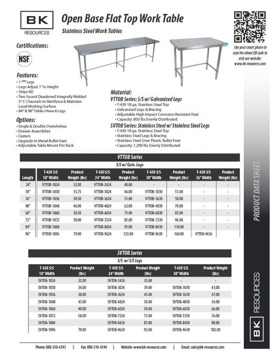 BK Resources 60" x 24" 18 Gauge Stainless Steel Work Table with Open Base – Prep Table - Donut-Equipment.com