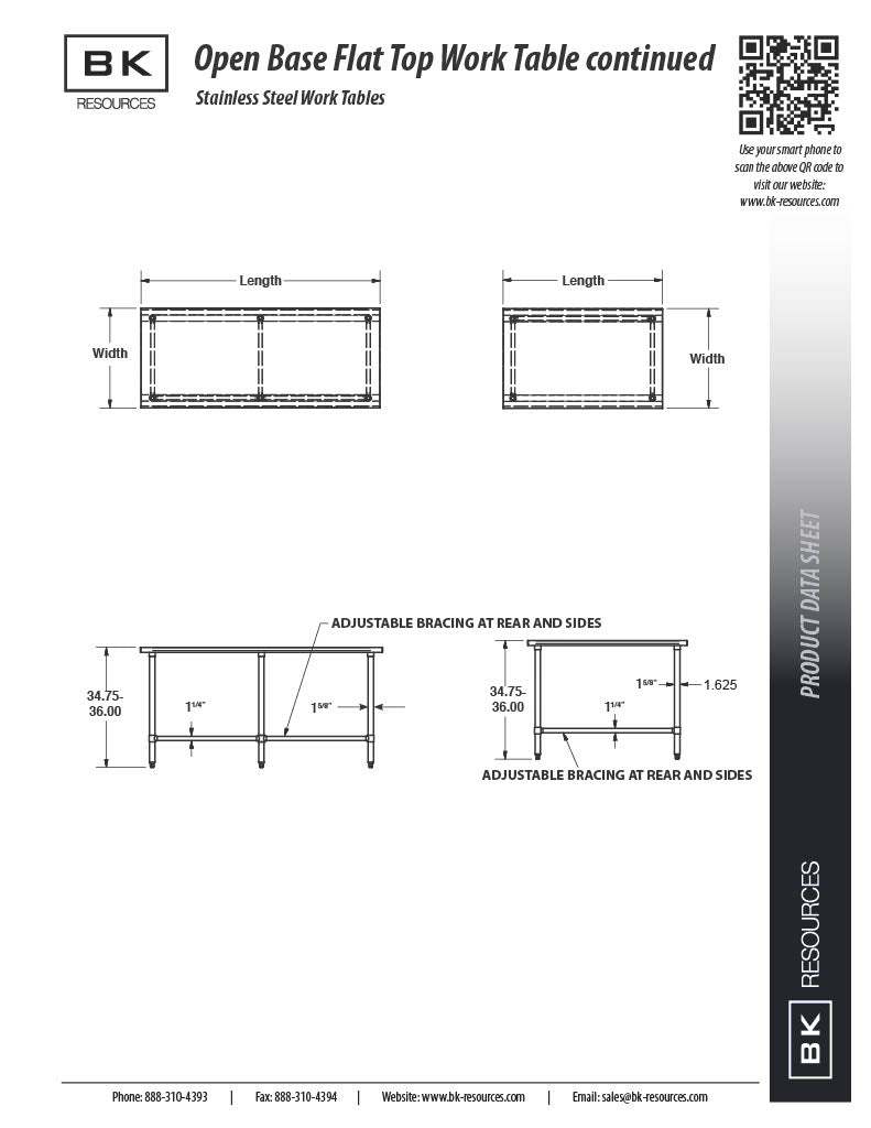 BK Resources 60" x 24" 18 Gauge Stainless Steel Work Table with Open Base – Prep Table - Donut-Equipment.com