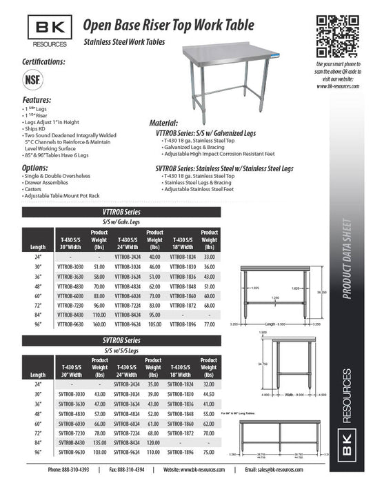 BK Resources 84" x 24" 18 Gauge Stainless Steel Work Table with Open Base & 1.5" Riser – Prep Table - Donut-Equipment.com