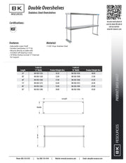 BK Resources 12" x 60" Double Overshelf – Table Mount with Adjustable Lower Shelf • 18 Gauge T-430 Stainless Steel - Donut-Equipment.com