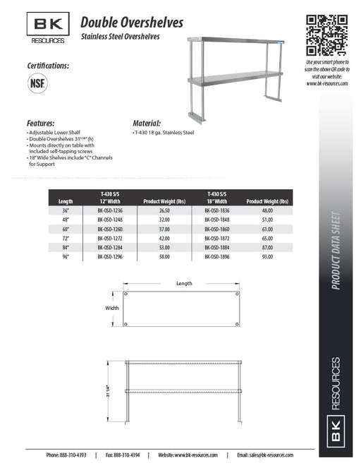 BK Resources 12" x 60" Double Overshelf – Table Mount with Adjustable Lower Shelf • 18 Gauge T-430 Stainless Steel - Donut-Equipment.com