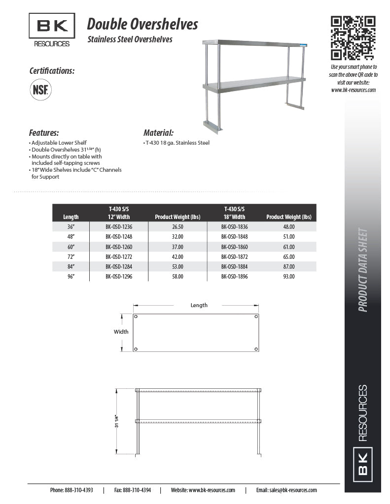 BK Resources 12" x 48" Double Overshelf – Table Mount with Adjustable Lower Shelf • 18 Gauge T-430 Stainless Steel - Donut-Equipment.com