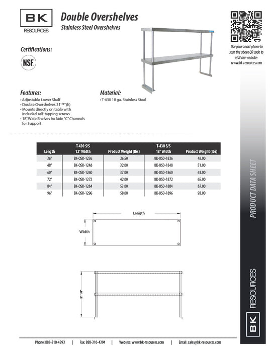 BK Resources 12" x 72" Double Overshelf – Table Mount with Adjustable Lower Shelf • 18 Gauge T-430 Stainless Steel - Donut-Equipment.com