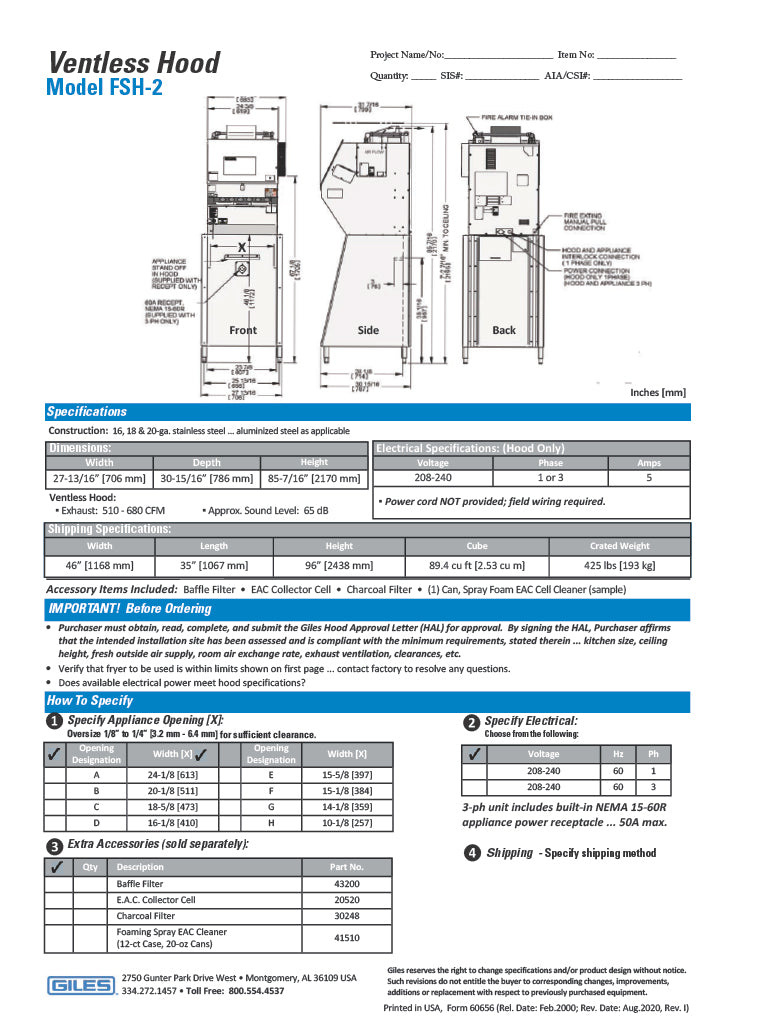 Giles FSH-2A-99 Freestanding Ventless Recirculating Hood System, 3-Stage Filtration, 208-240V/60Hz/1PH - Donut-Equipment.com