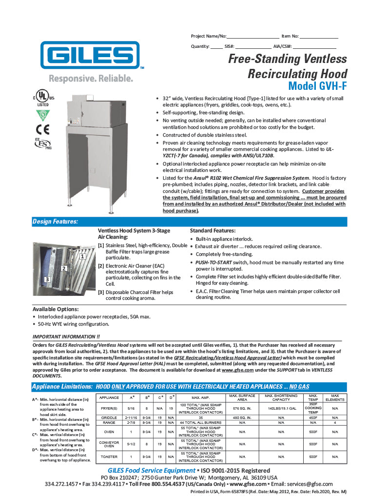 Giles GVH-F Floor-Stand Ventless Recirculating Type 1 Hood System with 1PH Power Receptacle Installed in Stand, 31-3/4" Stand Width, 208-240V/60Hz/1PH - Donut-Equipment.com