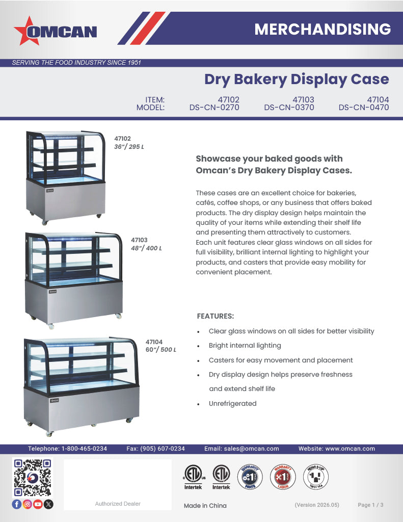 Omcan 36" Dry Bakery & Pastry Merchandiser Display Case with 2 Shelves with Curved Front Glass and Rear Sliding Doors With LED Lighting  – 10.4 Cu. Ft. (295L) - Donut-Supplies.Com