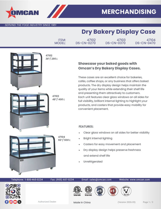 Omcan 48" Dry Bakery & Pastry Merchandiser Display Case with 2 Shelves with Curved Front Glass and Rear Sliding Doors With LED Lighting – 14.1 Cu. Ft. (400L)