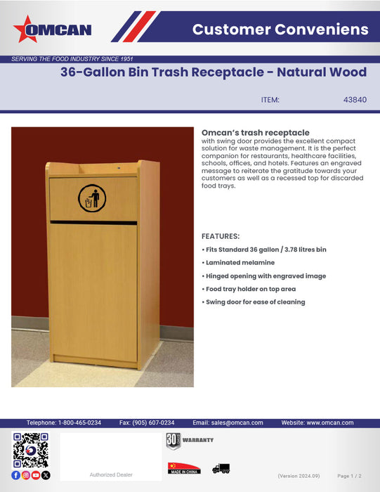 Omcan Trash Receptacle for 36 Gallon Bin – Natural Wood Commercial Waste Bin Enclosure, Durable Foodservice Use