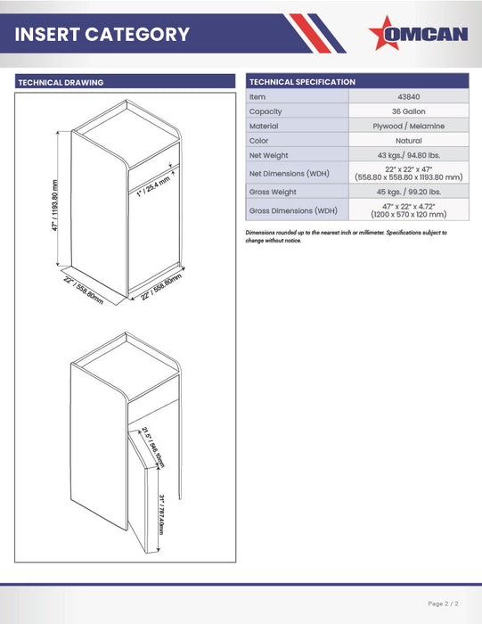 Omcan Trash Receptacle for 36 Gallon Bin – Natural Wood Commercial Waste Bin Enclosure, Durable Foodservice Use