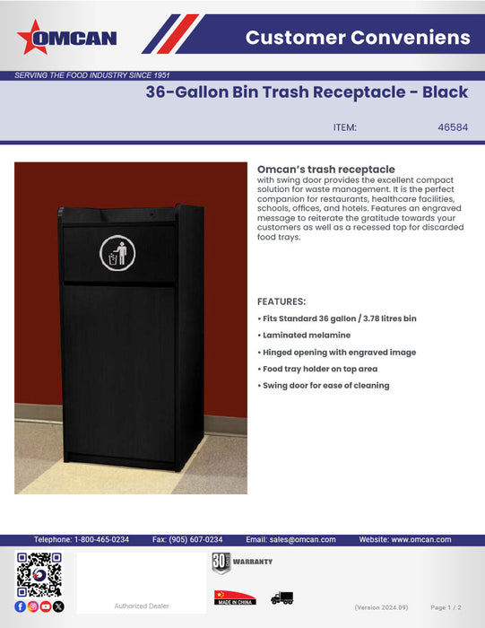 Omcan Trash Receptacle for 36-Gallon Bin – Black Commercial Waste Bin Enclosure, Durable Foodservice Use