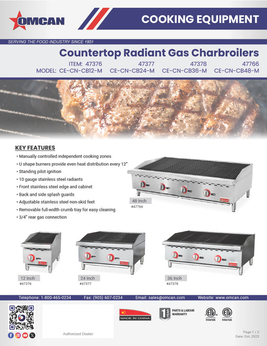 Omcan 24" Radiant Gas Charbroiler – 70,000 BTU Commercial Countertop Charbroiler with 2 Burners and Heavy-Duty Cast Iron Grates