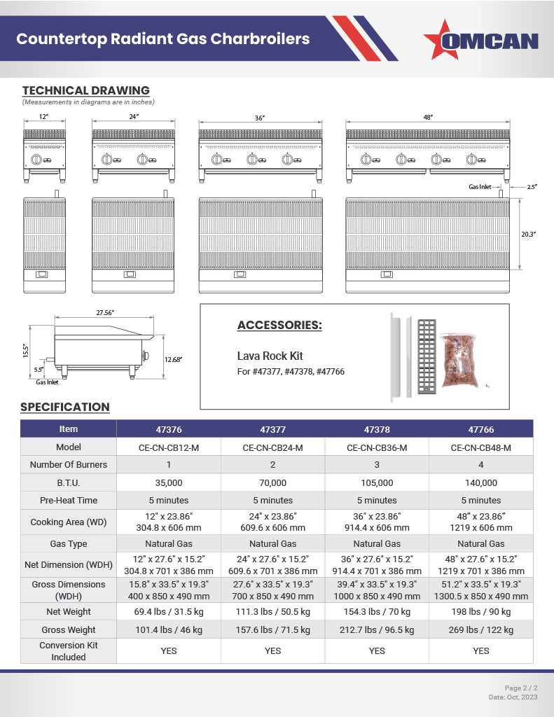 Omcan 48" Countertop Radiant Gas Charbroiler – 140,000 BTU Commercial Charbroiler with 4 Burners and Heavy-Duty Cast Iron Grates