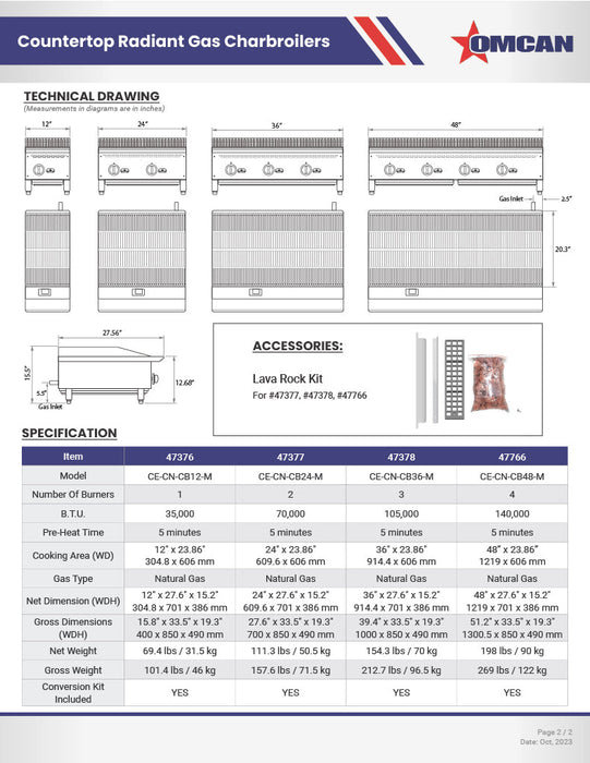 Omcan 48" Countertop Radiant Gas Charbroiler – 140,000 BTU Commercial Charbroiler with 4 Burners and Heavy-Duty Cast Iron Grates