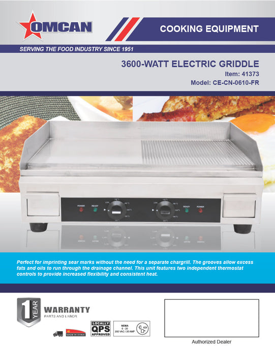 Omcan Stainless Steel Electric Griddle with Half-Smooth & Half-Ribbed Surface – 23.87" x 16" Commercial Countertop Griddle for Restaurants, Cafés & Foodservice Kitchens