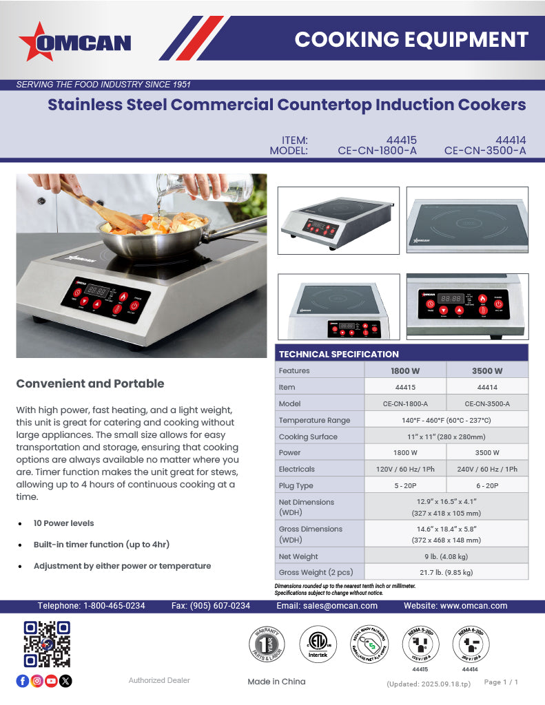 Omcan 1.8 kW Stainless Steel Commercial Countertop Induction Cooker – High-Efficiency Electric Induction Cooktop for Restaurants, Catering & Foodservice Kitchens