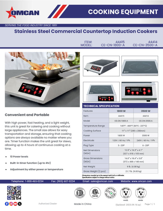 Omcan 1.8 kW Stainless Steel Commercial Countertop Induction Cooker – High-Efficiency Electric Induction Cooktop for Restaurants, Catering & Foodservice Kitchens