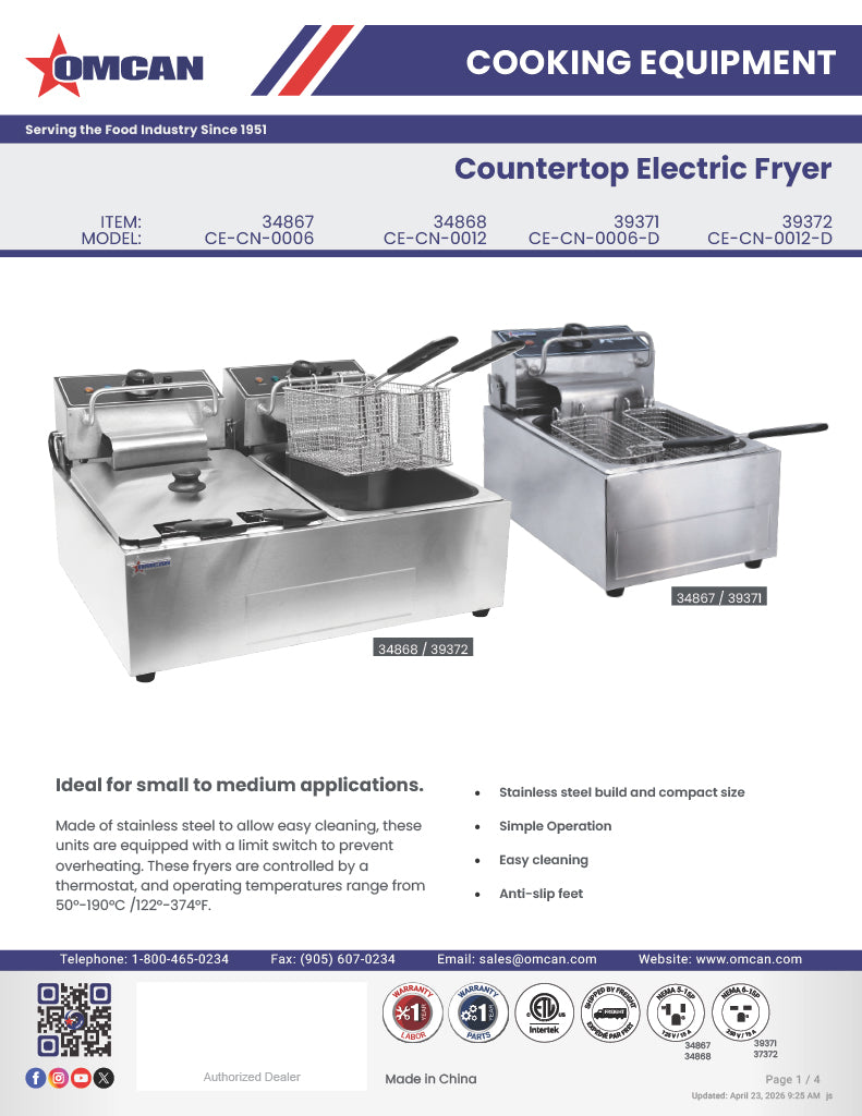 Omcan 12 lb Countertop Electric Fryer – 1350W, 110V Commercial Deep Fryer for Restaurants, Concession Stands & Foodservice Kitchens