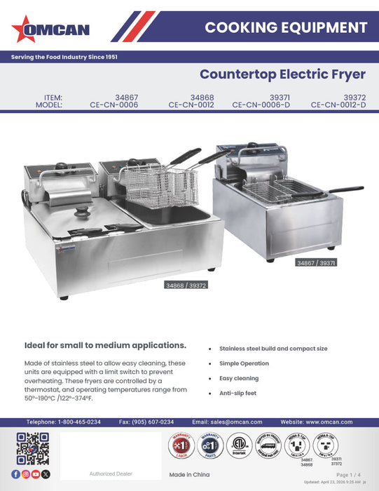 Omcan 12 lb Countertop Electric Fryer – 1350W, 110V Commercial Deep Fryer for Restaurants, Concession Stands & Foodservice Kitchens