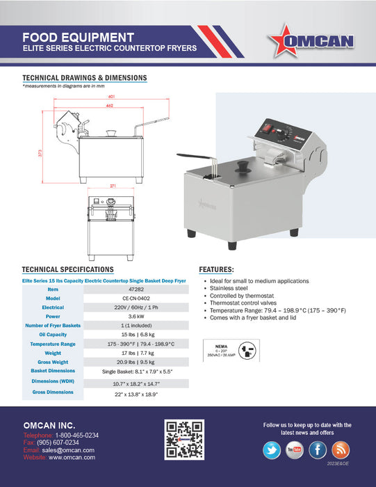 Omcan 10 lb Capacity Elite Series Electric Countertop Single Basket Deep Fryer – 1800W, 120V Commercial Deep Fryer for Restaurants, Concession Stands & Foodservice Kitchens