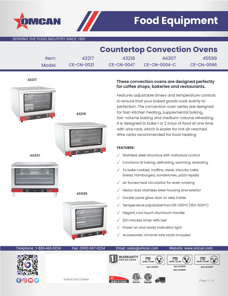 Omcan Half-Size Countertop Convection Oven – 1.66 Cu. Ft. (47L), 1600W, 120V Commercial Baking Oven for Cafés, Bakeries & Foodservice Kitchens