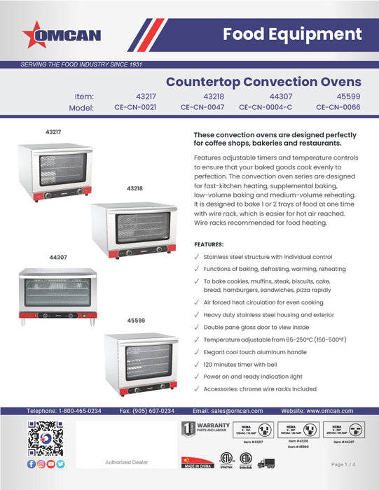 Omcan Half-Size Countertop Convection Oven – 1.66 Cu. Ft. (47L), 1600W, 120V Commercial Baking Oven for Cafés, Bakeries & Foodservice Kitchens