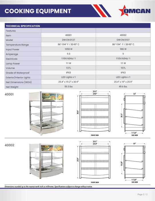 Omcan 26″ Countertop Display Warmer – 3.7 Cu. Ft. (107L), 2-Shelf Full-Service Heated Merchandiser Display Case with Rear Access Doors