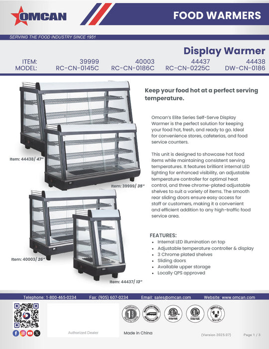Omcan 26″ Countertop Display Warmer – 3.3 Cu. Ft. (96L), 3-Shelf Self-Service & Full-Service Heated Merchandiser Display Case with Sliding Front & Rear Doors