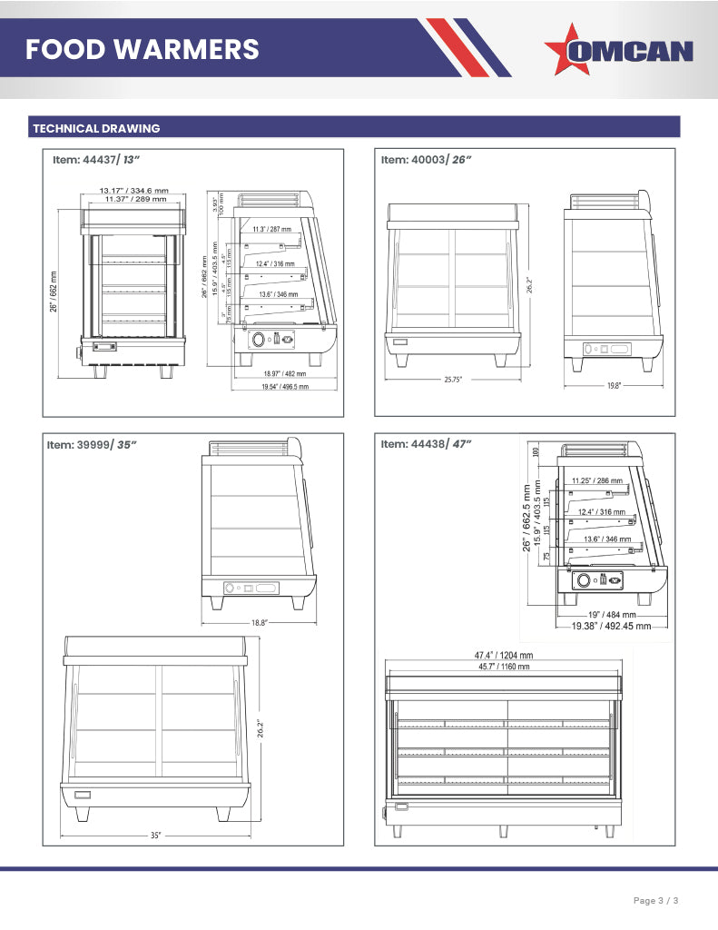 Omcan 47″ Countertop Display Warmer – 6.5 Cu. Ft. (186L), 3-Shelf Self-Service & Full-Service Heated Merchandiser Display Case with Sliding Doors