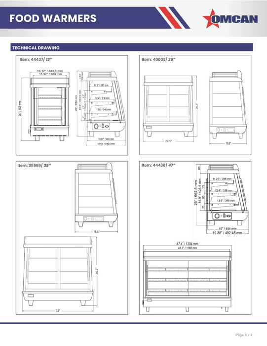 Omcan 47″ Countertop Display Warmer – 6.5 Cu. Ft. (186L), 3-Shelf Self-Service & Full-Service Heated Merchandiser Display Case with Sliding Doors