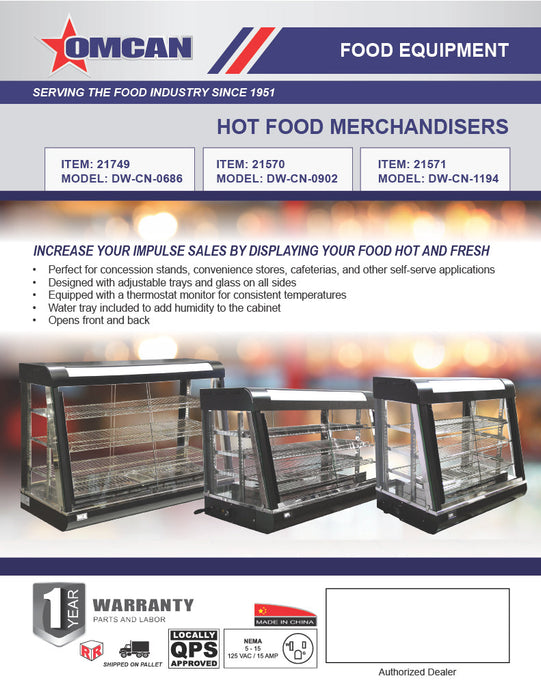 Omcan 27″ Countertop Display Warmer – 3-Shelf Heated Merchandiser Display Case with Sliding Doors, Self-Service & Full-Service Design, 1340W