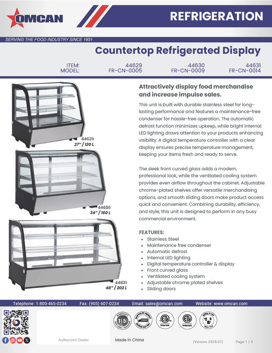 Omcan 34″ Countertop Refrigerated Display Case – 5.65 Cu. Ft. (160L), Two-Shelf Stainless Steel Bakery & Merchandising Display Cooler
