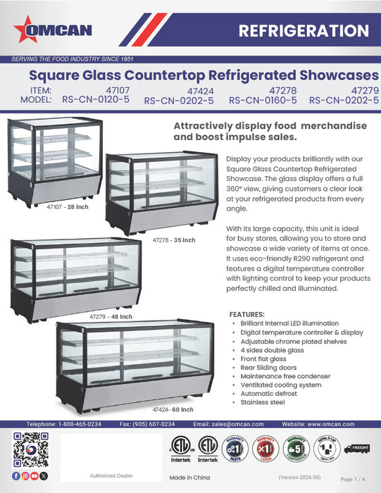 Omcan 35″ Square Glass Countertop Refrigerated Display Showcase – 5.65 Cu. Ft. (160L), Two-Shelf Stainless Steel Bakery & Merchandising Display Cooler