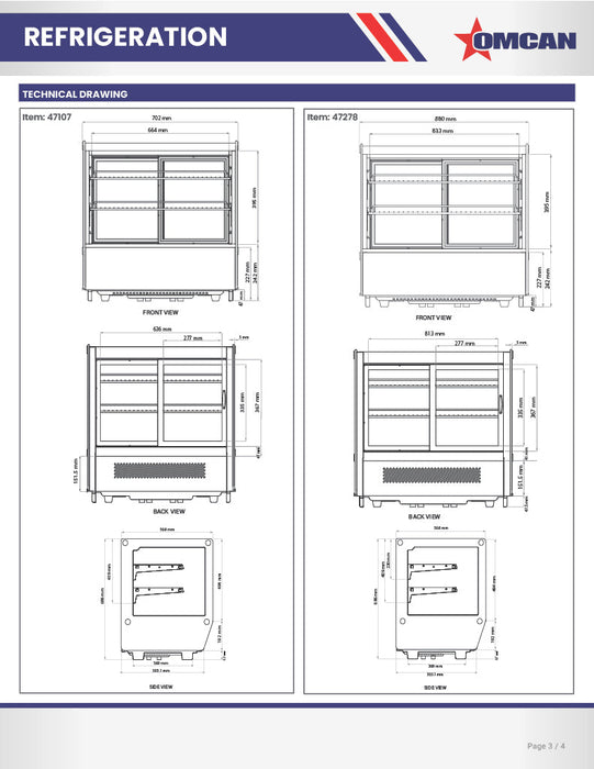 Omcan 60″ Square Glass Countertop Refrigerated Display Showcase – 8.89 Cu. Ft. (252L), Two-Shelf Stainless Steel Bakery & Merchandising Display Cooler