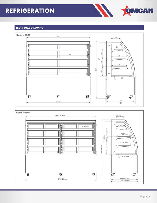 Omcan 60″ Curved Glass Floor Refrigerated Display Case – 18.89 Cu. Ft. (535L), Three-Shelf Stainless Steel Bakery & Merchandising Display Cooler