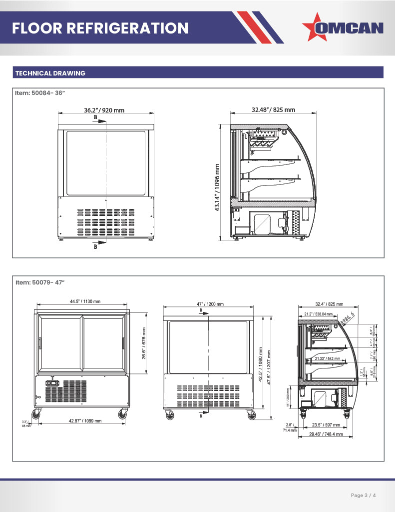 Omcan 64″ Floor Refrigerated Display Case – 22 Cu. Ft. (620L), Two-Shelf Stainless Steel Bakery & Merchandising Display Cooler