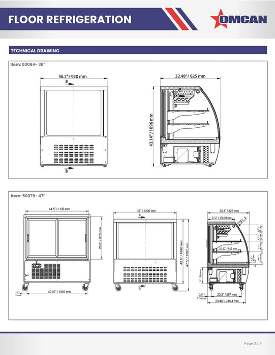Omcan 82″ Floor Refrigerated Display Case – 32 Cu. Ft. (903L), Two-Shelf Stainless Steel Bakery & Merchandising Display Cooler