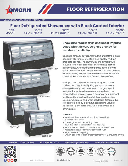 Omcan 82″ Floor Refrigerated Display Case – 32 Cu. Ft. (903L), Two-Shelf Black Bakery & Merchandising Display Cooler